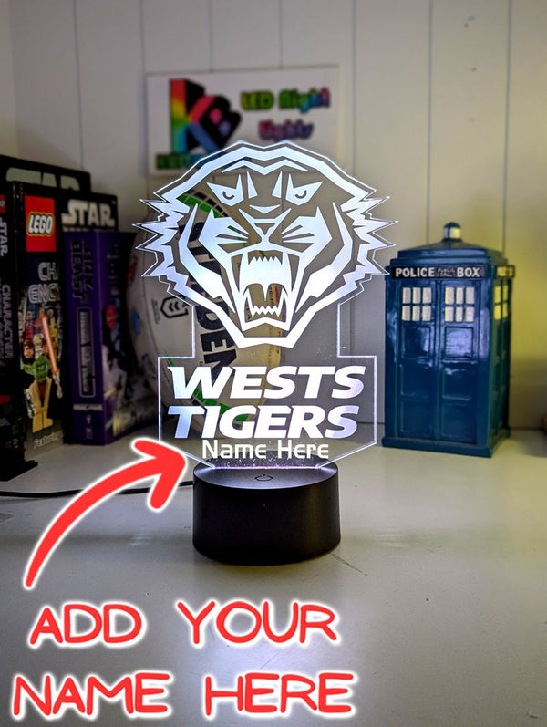 Custom Wests Tigers LED lamp with engraved name, multi-colour lighting for rugby league fans add name option 