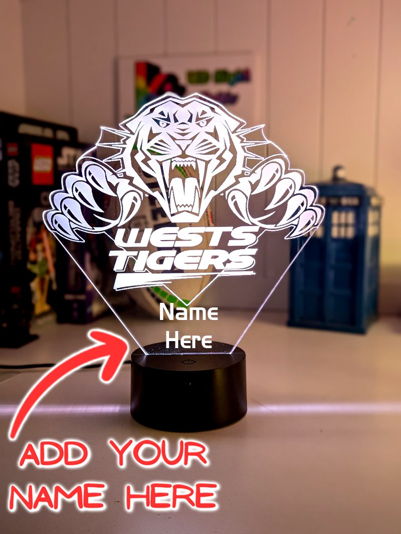 Custom West Tigers Old Logo Outline LED lamp with engraved name, multi-colour lighting for rugby league fans
