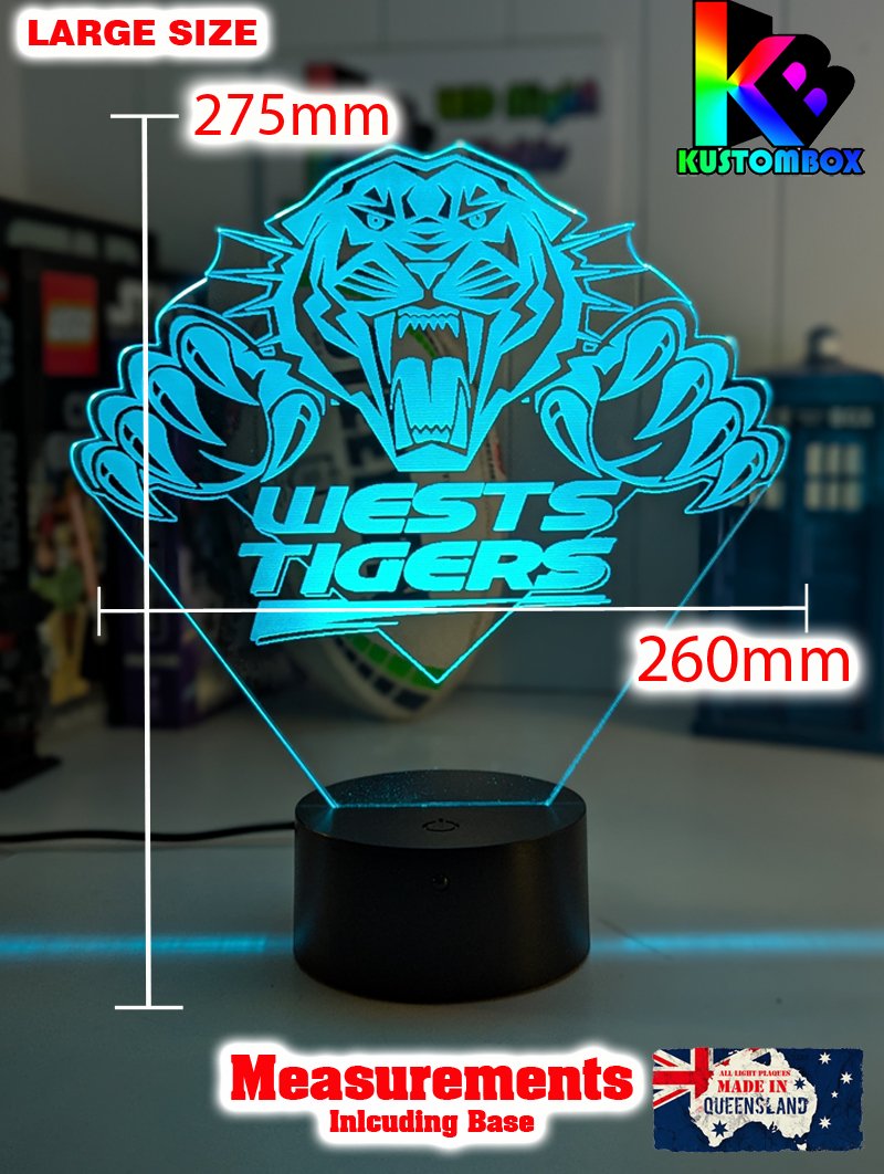 West Tigers Old Logo Outline custom 3D LED lamp with name engraving and colour-changing effects large Size measurement chart