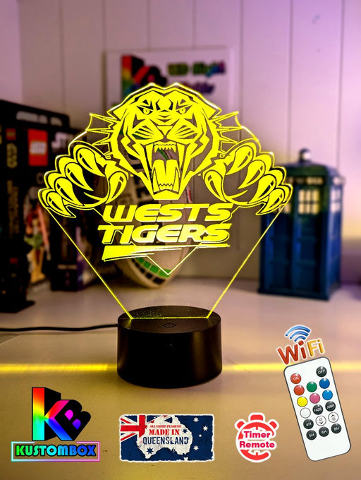 Personalised West Tigers Old Logo Outline 3D LED night light glowing in 7 colours, perfect for kids or man caves. Yellow colour