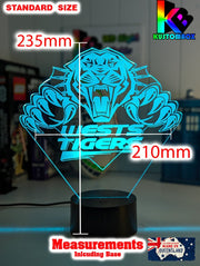 Personalised West Tigers Old Logo Outline LED night light featuring team logo outline and custom engraving Standard Size measurement chart