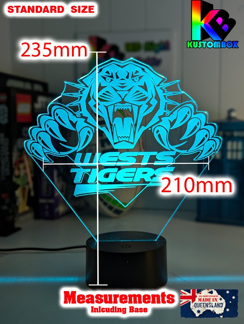 Personalised West Tigers Old Logo Outline LED night light featuring team logo outline and custom engraving Standard Size measurement chart