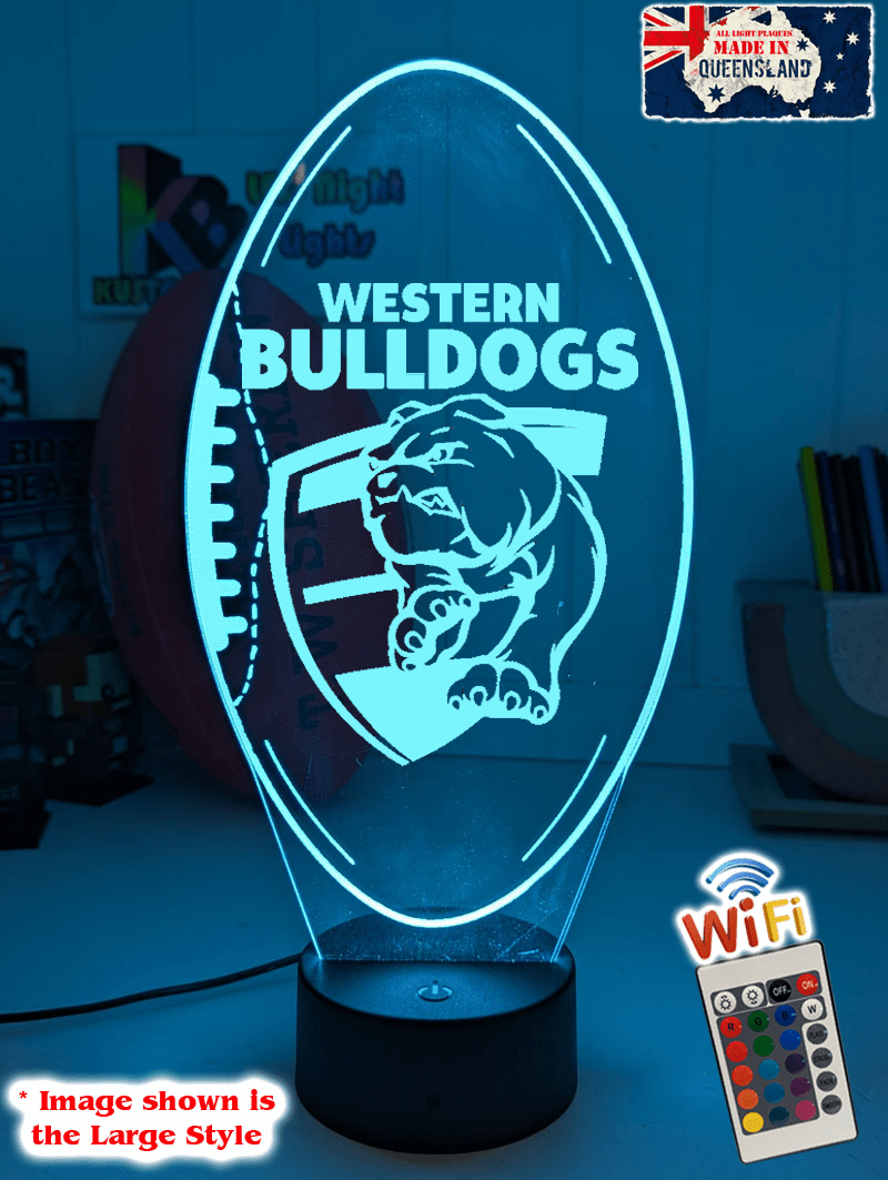 Western Bulldogs ball shaped LED lamp with 16-colour light modes and remote.