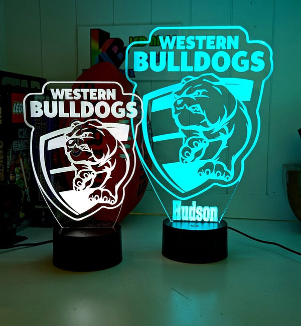 Western Bulldogs 3D LED lamp with 16-colour light modes and remote. size chart  Large and standard 