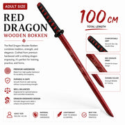 Wooden Bokken & Timber Katana Training Swords - Kustomboxwooden training swordKustombox100cmDragon EngravedRed