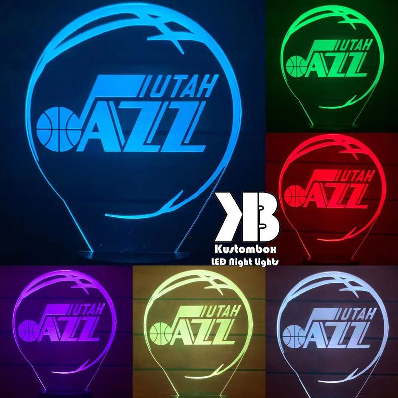 Utah Jazz custom 3D LED lamp with engraved name, showing bright multi-colour glow