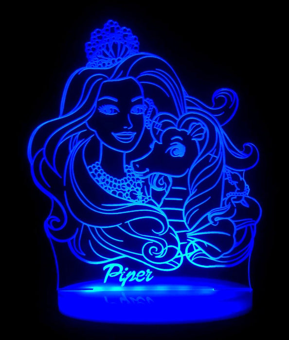 Barbie and Unicorn Personalised Name Light 3D LED Night Light 7 Colours + Remote Control - Kustombox