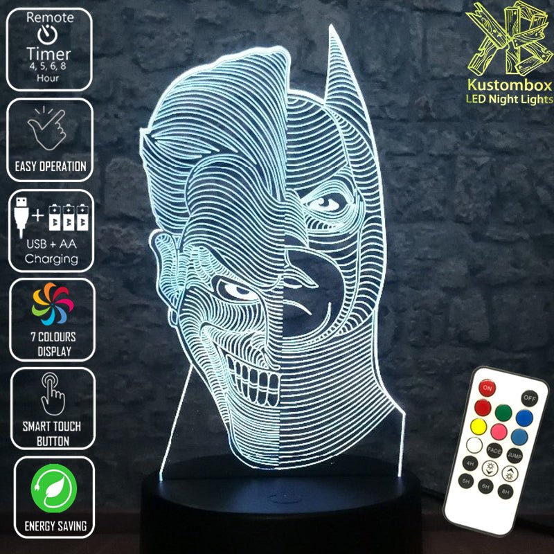 Batman and Joker half faces- LED Night Light 7 Colours + Remote Control - Kustombox