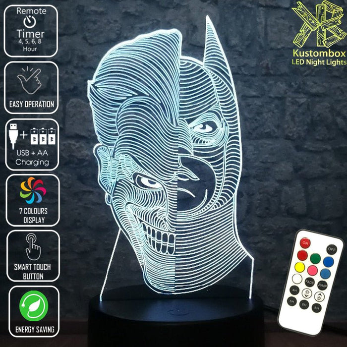 Batman and Joker half faces- LED Night Light 7 Colours + Remote Control - Kustombox