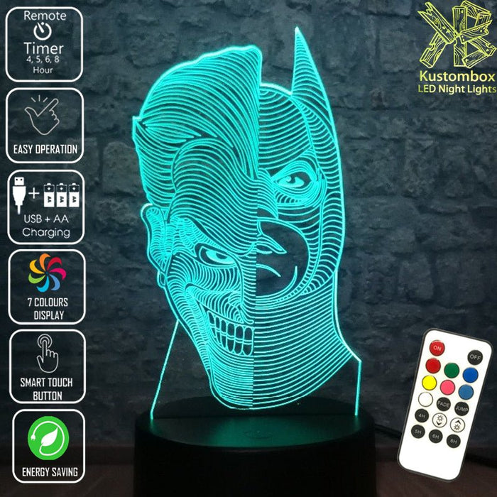 Batman and Joker half faces- LED Night Light 7 Colours + Remote Control - Kustombox
