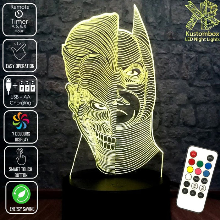 Batman and Joker half faces- LED Night Light 7 Colours + Remote Control - Kustombox