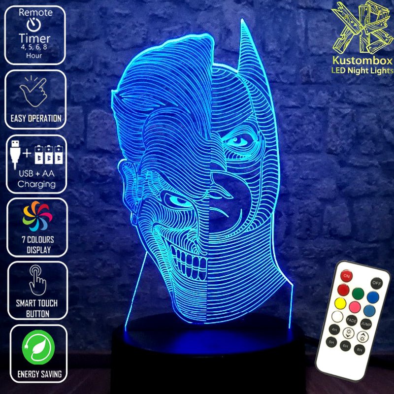 Batman and Joker half faces- LED Night Light 7 Colours + Remote Control - Kustombox