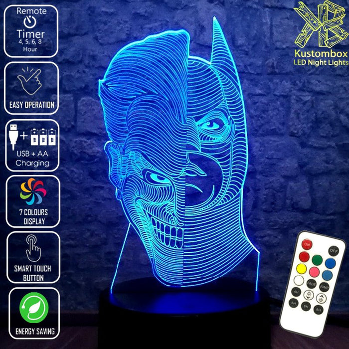 Batman and Joker half faces- LED Night Light 7 Colours + Remote Control - Kustombox