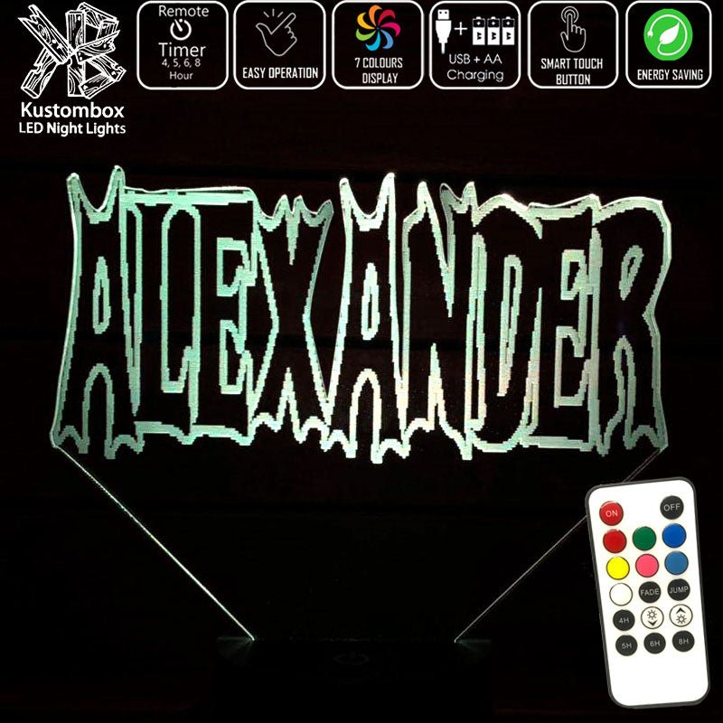 Batman Font Personalised Name 3D LED Night Light 7 Colours + Remote Control - Kustombox