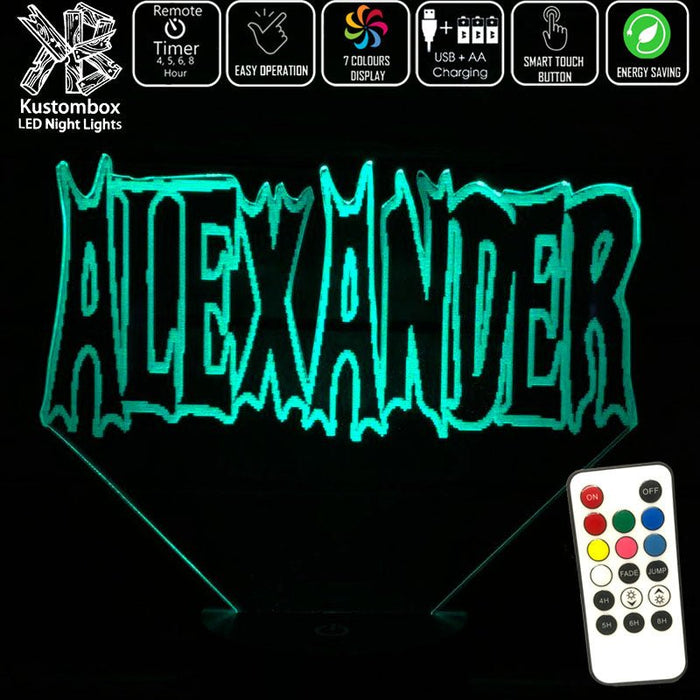 Batman Font Personalised Name 3D LED Night Light 7 Colours + Remote Control - Kustombox
