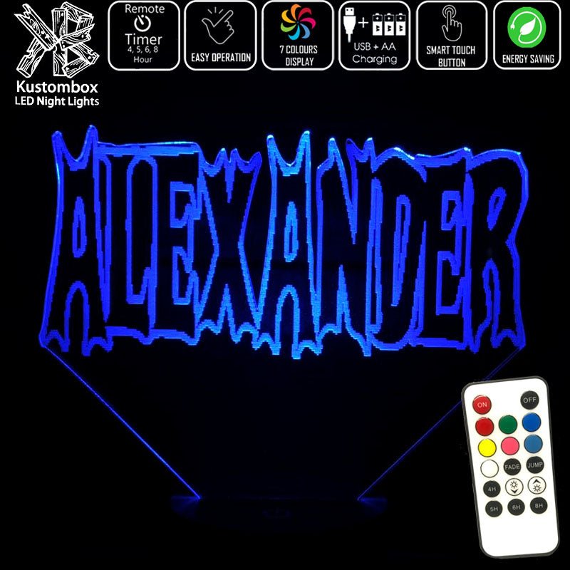 Batman Font Personalised Name 3D LED Night Light 7 Colours + Remote Control - Kustombox