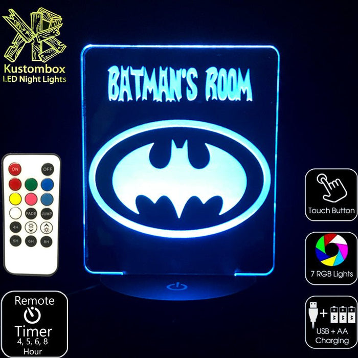 Batman Personalised Name Light - LED Night Light 7 Colours + Remote Control - Kustombox