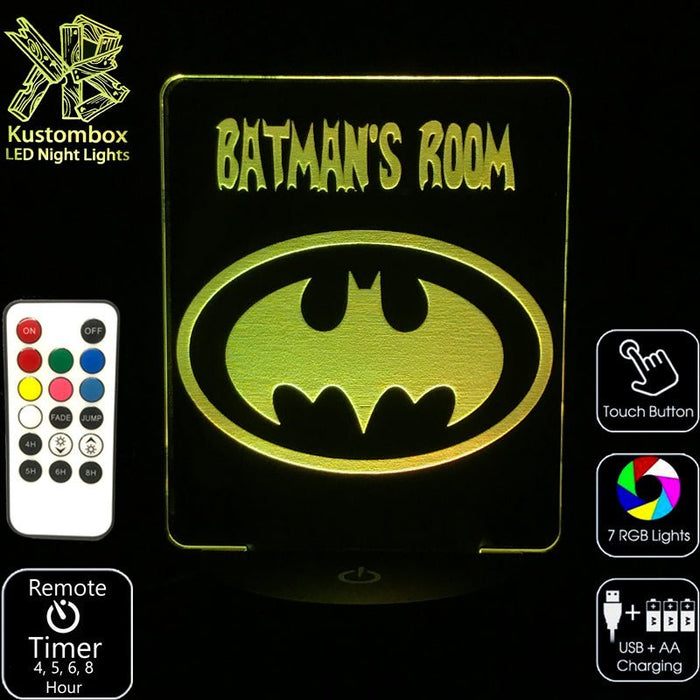 Batman Personalised Name Light - LED Night Light 7 Colours + Remote Control - Kustombox