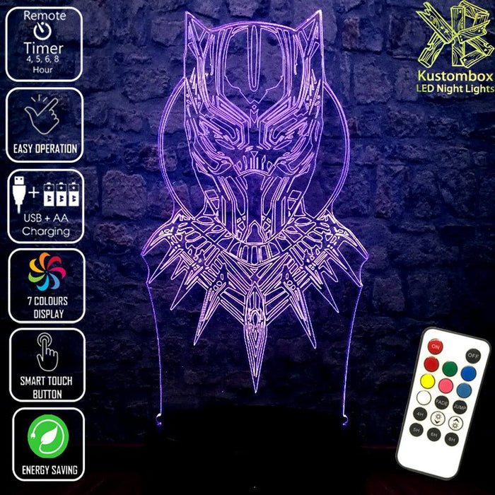 Black Panther Face Mask Avengers- LED Night Light 7 Colours + Remote Control - Kustombox