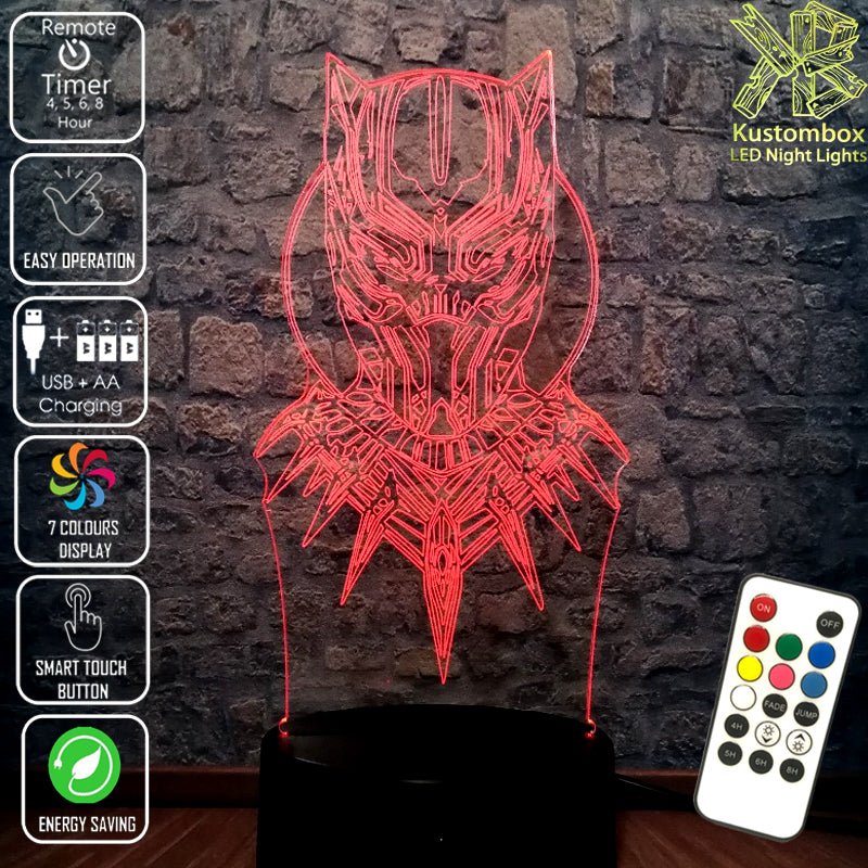Black Panther Face Mask Avengers- LED Night Light 7 Colours + Remote Control - Kustombox