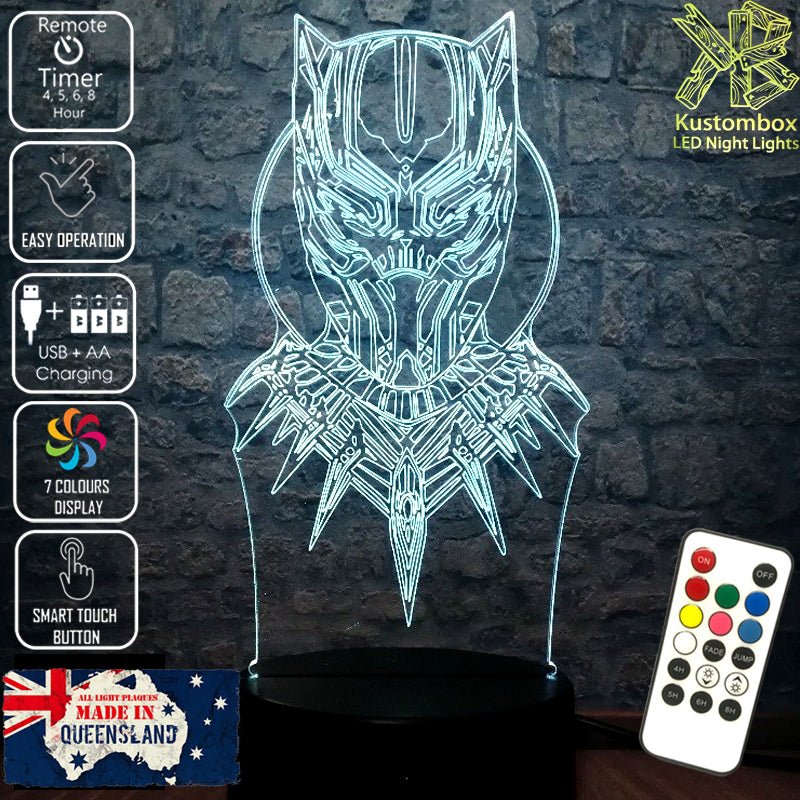 Black Panther Face Mask Avengers- LED Night Light 7 Colours + Remote Control - Kustombox
