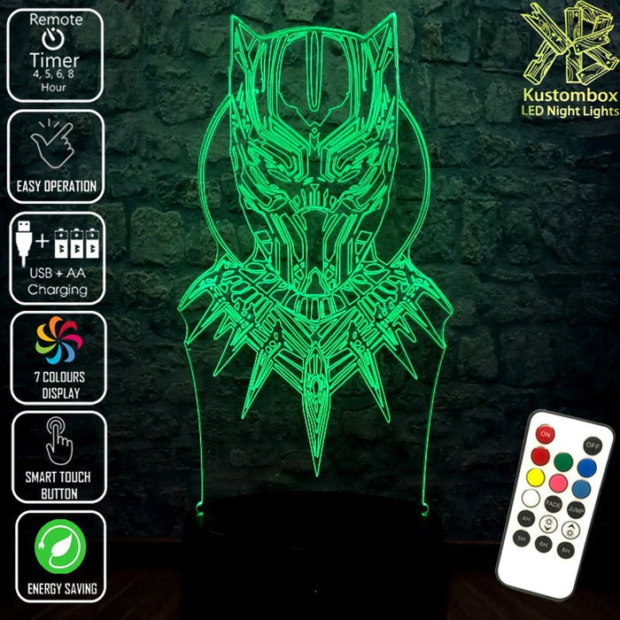Black Panther Face Mask Avengers- LED Night Light 7 Colours + Remote Control - Kustombox