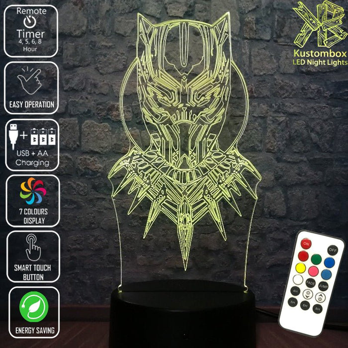 Black Panther Face Mask Avengers- LED Night Light 7 Colours + Remote Control - Kustombox