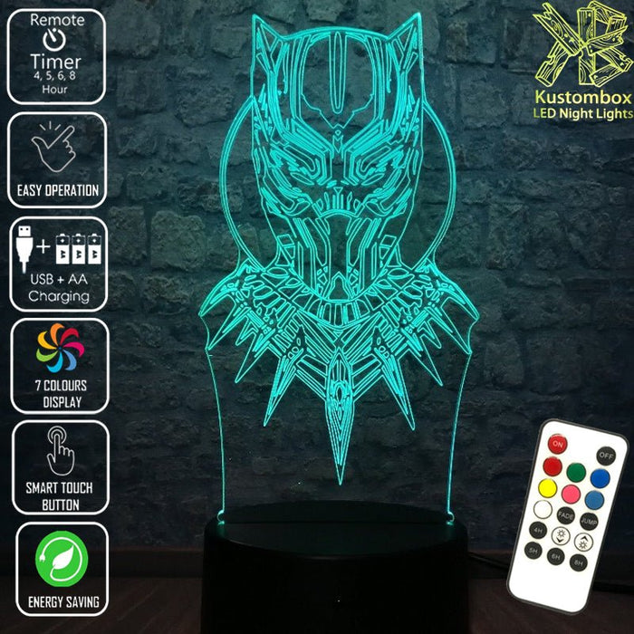 Black Panther Face Mask Avengers- LED Night Light 7 Colours + Remote Control - Kustombox