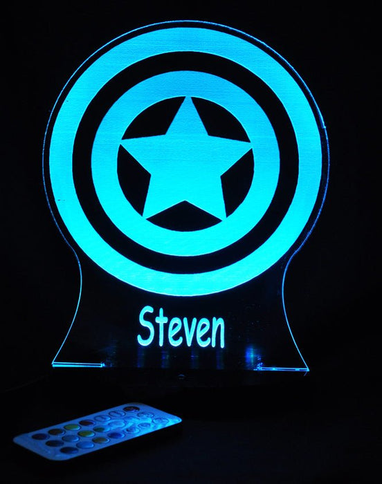 Captain America Sheild Personalised Name - 3D LED Night Light 7 Colours + Remote Control AVENGERS- Kustombox