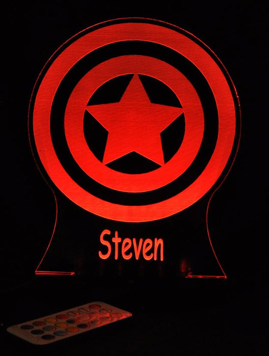 Captain America Sheild Personalised Name - 3D LED Night Light 7 Colours + Remote Control AVENGERS- Kustombox