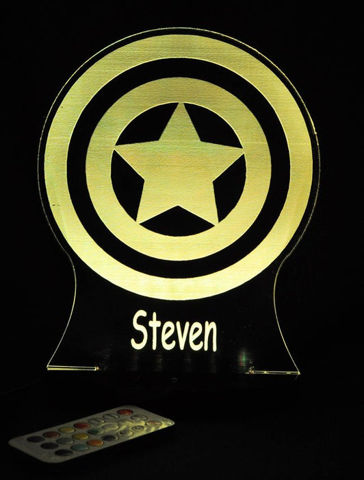 Captain America Sheild Personalised Name - 3D LED Night Light 7 Colours + Remote Control AVENGERS- Kustombox