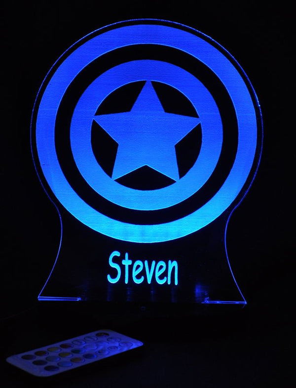 Captain America Sheild Personalised Name - 3D LED Night Light 7 Colours + Remote Control AVENGERS- Kustombox