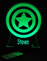 Captain America Sheild Personalised Name - 3D LED Night Light 7 Colours + Remote Control AVENGERS- Kustombox
