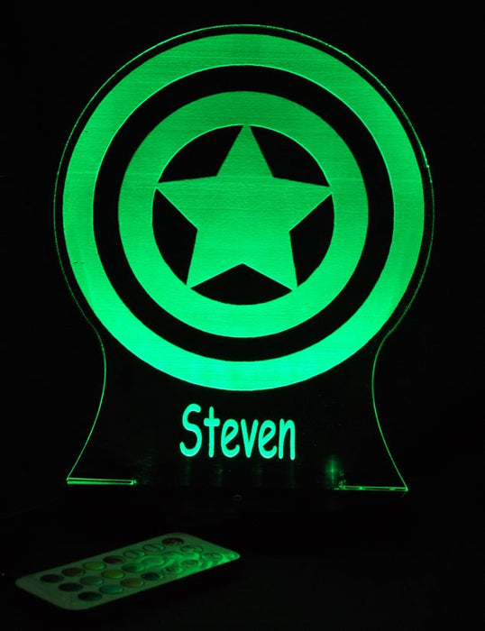 Captain America Sheild Personalised Name - 3D LED Night Light 7 Colours + Remote Control AVENGERS- Kustombox