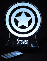 Captain America Sheild Personalised Name - 3D LED Night Light 7 Colours + Remote Control AVENGERS- Kustombox