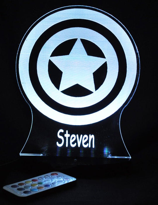 Captain America Sheild Personalised Name - 3D LED Night Light 7 Colours + Remote Control AVENGERS- Kustombox