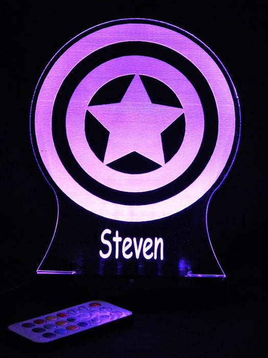 Captain America Sheild Personalised Name - 3D LED Night Light 7 Colours + Remote Control AVENGERS- Kustombox