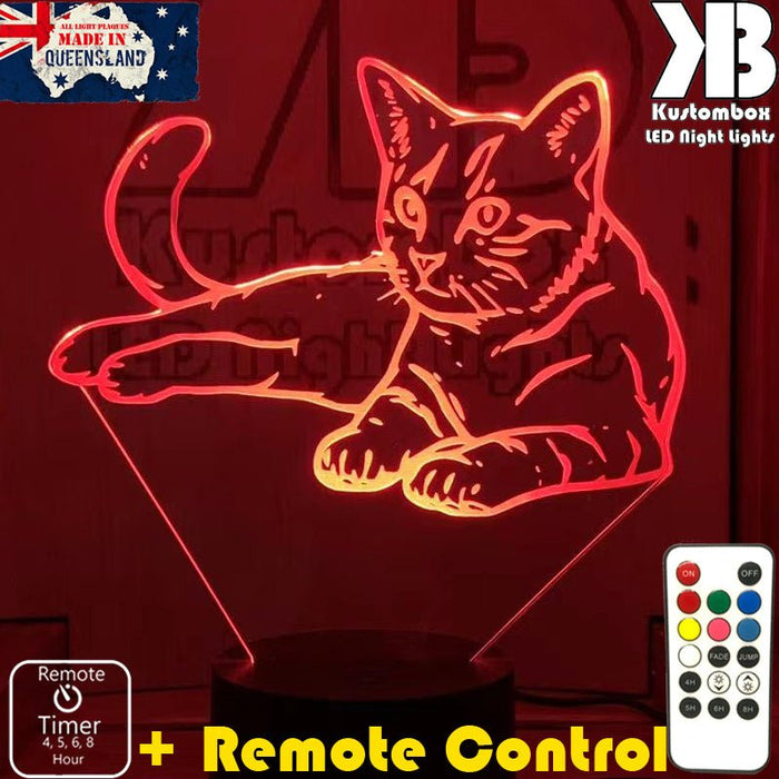 Cat Kitten laying 3D - LED Night Light 7 Colours + Remote Control - Kustombox
