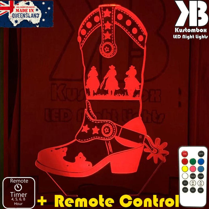 Cowboy Boot Western - 3D LED Night Light 7 Colours + Remote Control - Kustombox