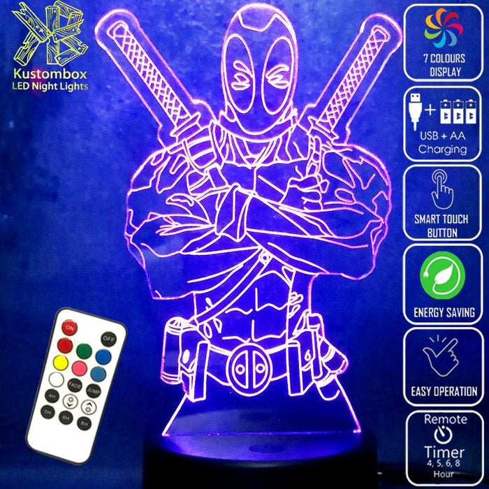 Deadpool 2 Swords Marvel Comics 3D - LED Night Light 7 Colours + Remote Control - Kustombox