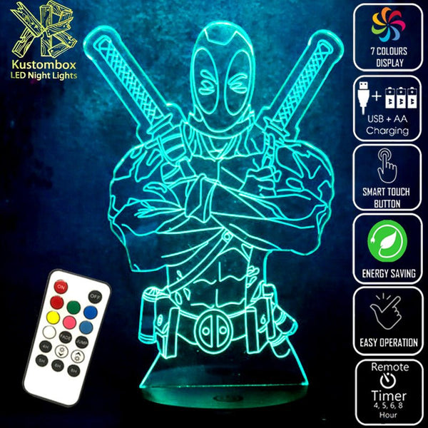 Deadpool 2 Swords Marvel Comics 3D - LED Night Light 7 Colours + Remote Control - Kustombox