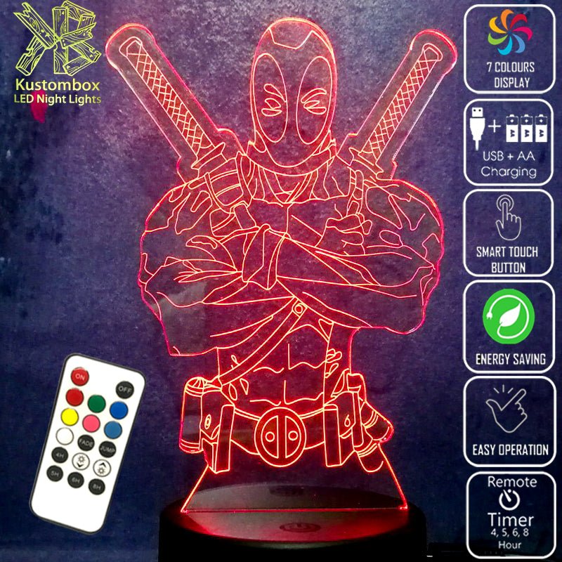 Deadpool Led Deadpool 2 Swords SuperHero 3D LED Night Light Lamp — Kustombox