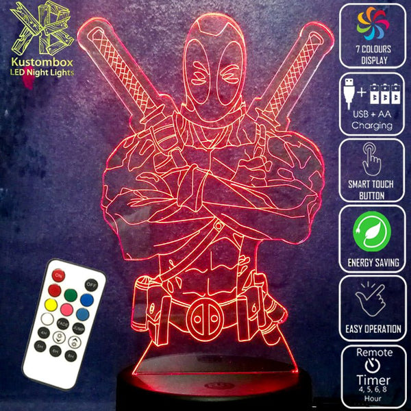 Deadpool 2 Swords Marvel Comics 3D - LED Night Light 7 Colours + Remote Control - Kustombox