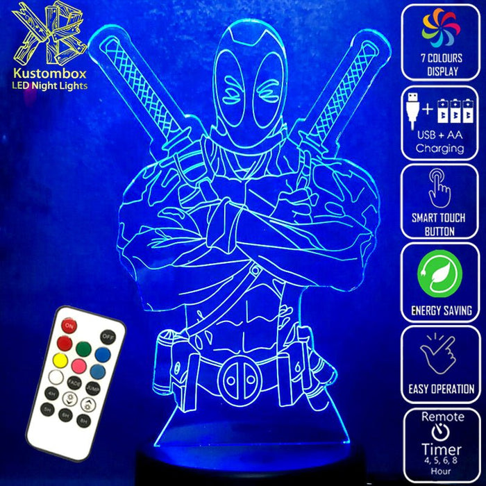 Deadpool 2 Swords Marvel Comics 3D - LED Night Light 7 Colours + Remote Control - Kustombox