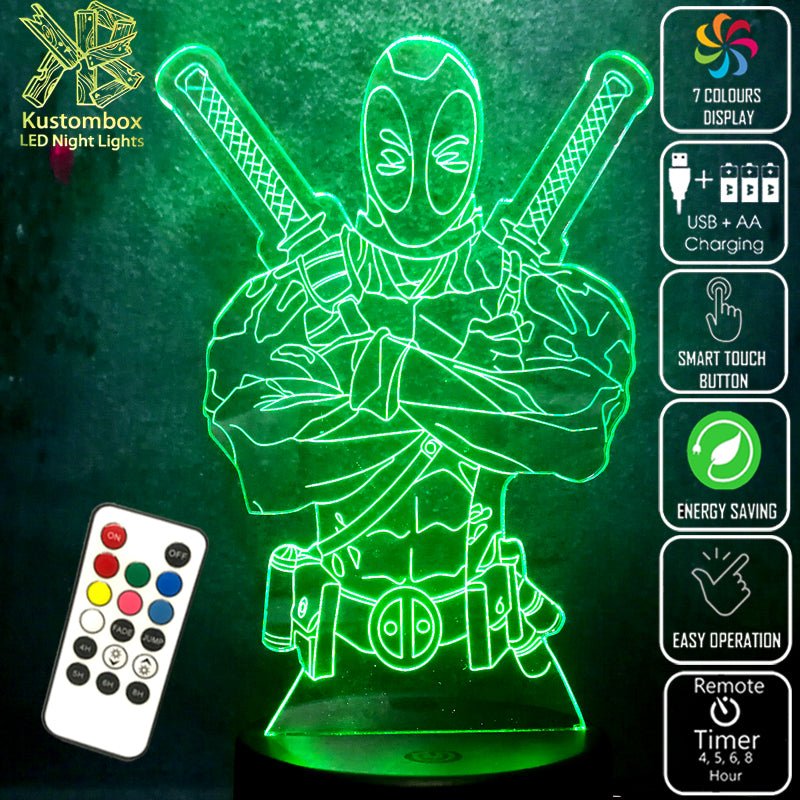 Deadpool 2 Swords Marvel Comics 3D - LED Night Light 7 Colours + Remote Control - Kustombox