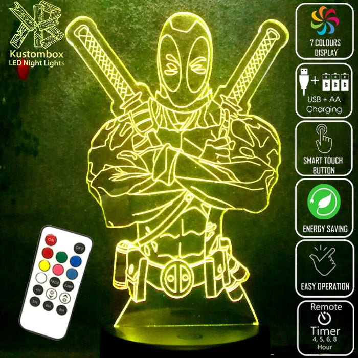 Deadpool 2 Swords Marvel Comics 3D - LED Night Light 7 Colours + Remote Control - Kustombox