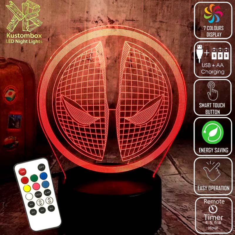 Deadpool Mask Logo Marvel Comics 3D - LED Night Light 7 Colours + Remote Control - Kustombox