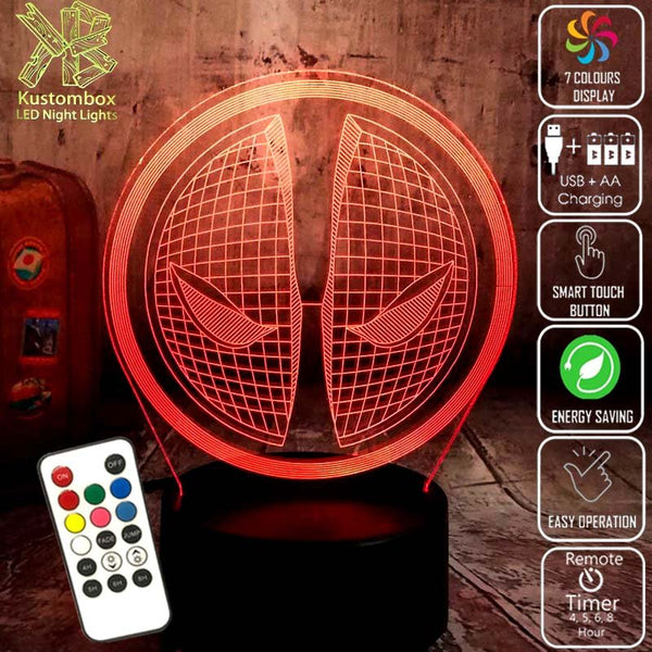 Deadpool Mask Logo Marvel Comics 3D - LED Night Light 7 Colours + Remote Control - Kustombox