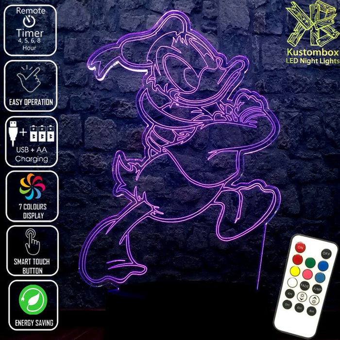 Donald Duck Character Disney- 3D LED Night Light 7 Colours + Remote Control - Kustombox