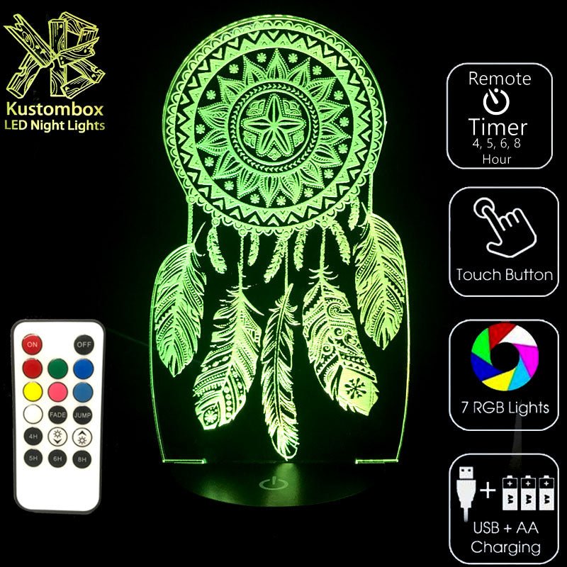 Dream Catcher - 3D LED Night Light 7 Colours + Remote Control - Kustombox